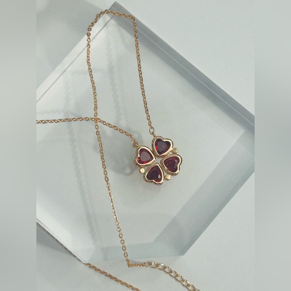 Heart Shaped Clover Magnetic Red & Rose Gold Plated Pendant Necklace - Picture 5 of 12